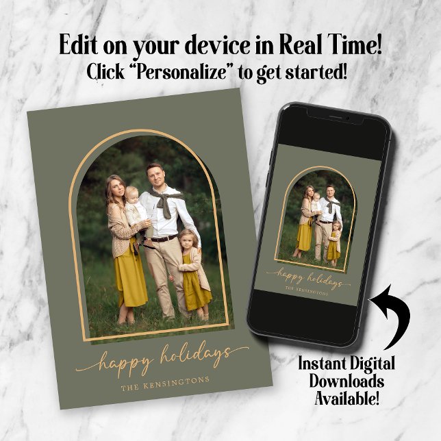 Cartes Pour Fêtes Annuelles Elégante Arch Green Gold Photo (Elegant Arch Green Gold Holiday Photo Card. Personalize in real time! Instant downloads available!)