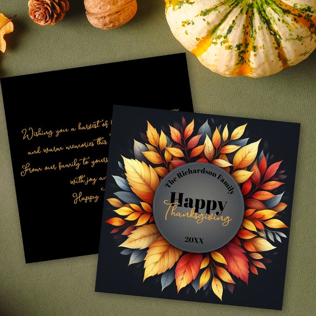 Cartes Pour Fêtes Annuelles Élégante Automne Feuilles Thanksgiving Nom de fami (Créateur téléchargé)