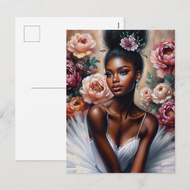Cartes Pour Fêtes Annuelles Élégante Ballerine noire avec Fleurs de pivoine (Devant / Derrière)