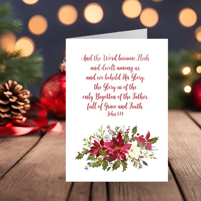 Cartes Pour Fêtes Annuelles Élégante Bible chrétienne de Noël Verse Poinsettia (Elegant Christian Christmas Bible Verse Poinsettia Holiday Card)
