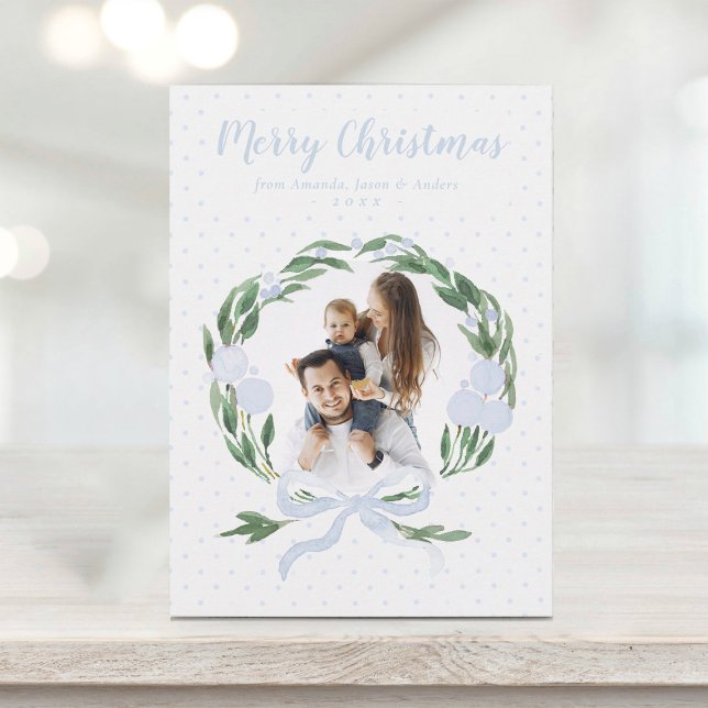 Cartes Pour Fêtes Annuelles Elégante Bleu Bow Garland Wreath Photo Christmas H (Créateur téléchargé)