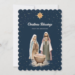 Cartes Pour Fêtes Annuelles Élégante Bleue Nativité Scène Étoiles Christian