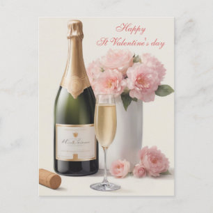 Cartes Pour Fêtes Annuelles Élégante bouteille vin rose roses Valentine