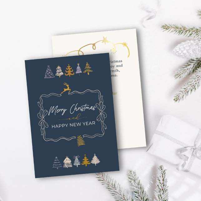 Cartes Pour Fêtes Annuelles Elégante Bow & Arbres Chic Doodle Blue Holiday Car (Elegant Bow & Chic Trees Doodle Blue Holiday Card)