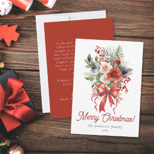 Cartes Pour Fêtes Annuelles Elégante Bow et Bouquet rouge aquarelle Noël