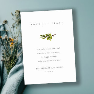 Cartes Pour Fêtes Annuelles Élégante branche de pin minimale Noël Amour & Paix