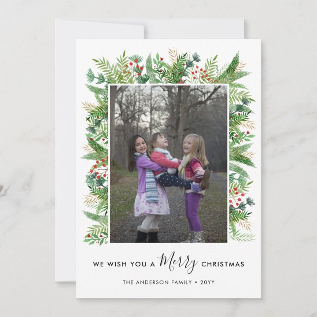 Cartes Pour Fêtes Annuelles Élégante Branches de Noël Joyeux Berries 2 Photo (Devant)