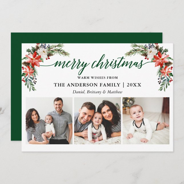 Cartes Pour Fêtes Annuelles Élégante calligraphie Aquarelle hiver Floral Vert (Devant / Derrière)