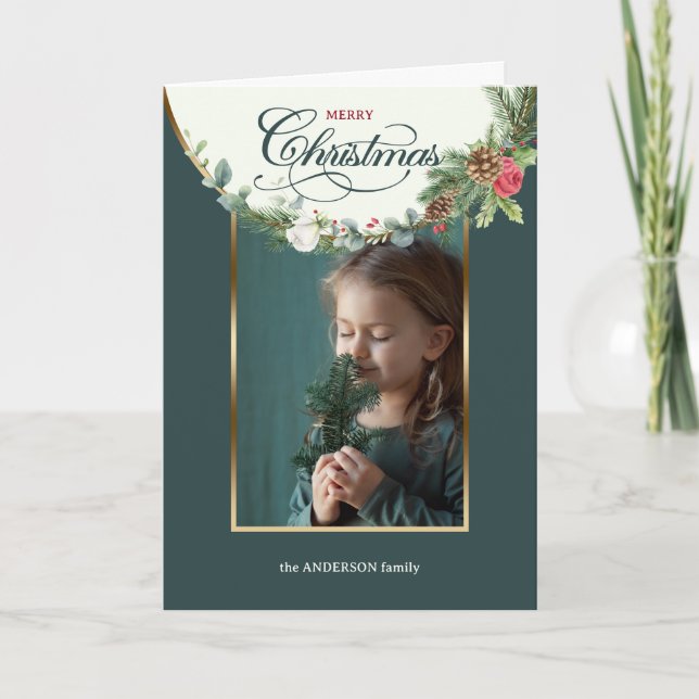 Cartes Pour Fêtes Annuelles Élégante Calligraphie de Noël Joyeux Floral Photo (Devant)