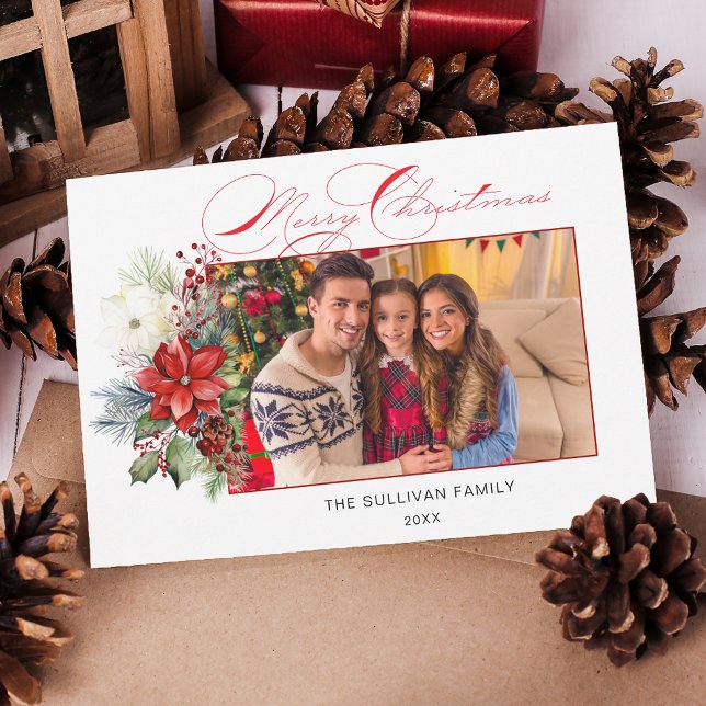 Cartes Pour Fêtes Annuelles Élégante Calligraphie de Noël Joyeux Floral Photo (Créateur téléchargé)