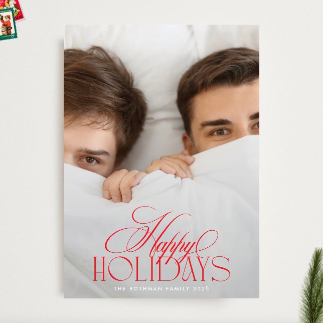 Cartes Pour Fêtes Annuelles Élégante calligraphie de Noël rouge et blanc 2 Pho (Créateur téléchargé)