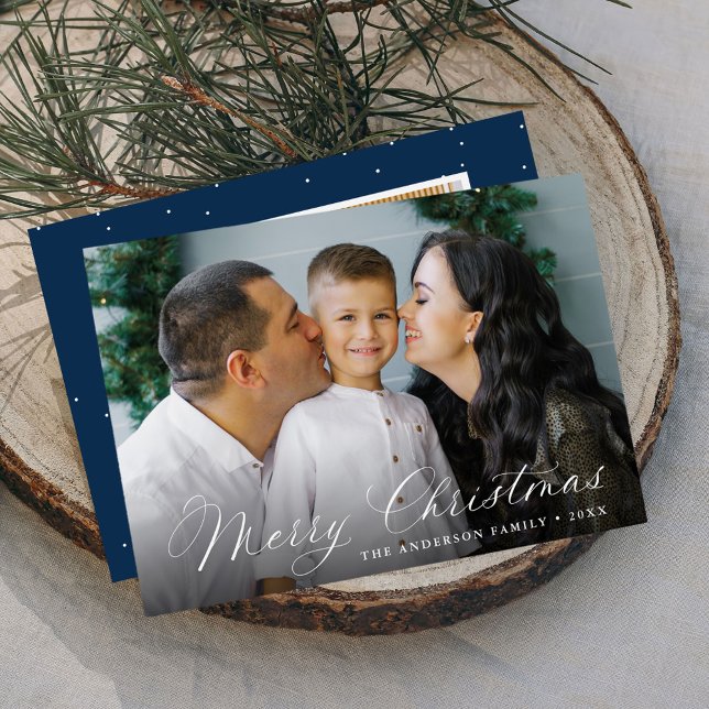 Cartes Pour Fêtes Annuelles Élégante calligraphie Joyeux Noël Marine 2 Photo (Créateur téléchargé)