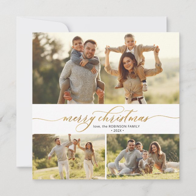 Cartes Pour Fêtes Annuelles Élégante calligraphie or 3 Multi Photo Noël (Devant)