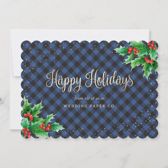 Cartes Pour Fêtes Annuelles Elégante couleur bleue Plaid Holly Business (Devant)