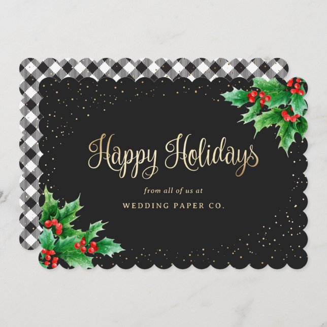 Cartes Pour Fêtes Annuelles Elégante couleur noire plaid Holly Business (Devant / Derrière)