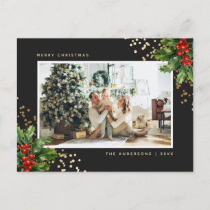 Cartes Pour Fêtes Annuelles Elégante couleur or noir Aquarelle Holly Photo