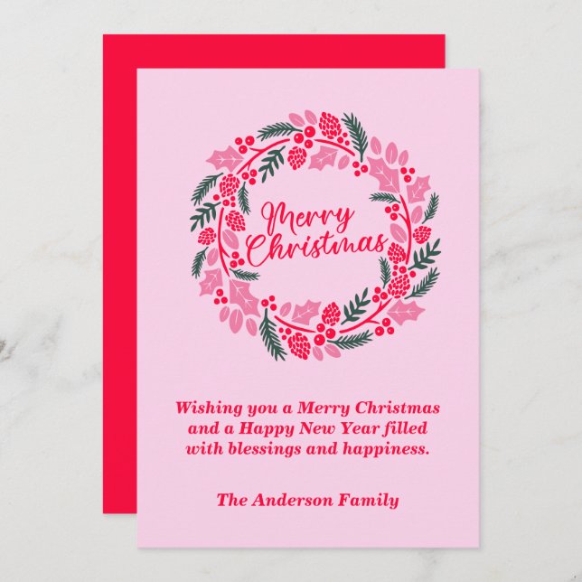 Cartes Pour Fêtes Annuelles Élégante couronne de Noël rose (Devant / Derrière)