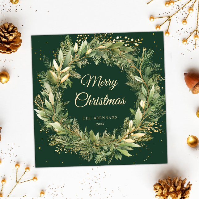 Cartes Pour Fêtes Annuelles Élégante couronne de Noël vert vert verdure botani (Elegant Christmas Wreath Green Botanical Greenery Holiday Card)