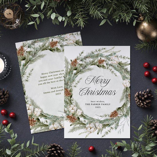 Cartes Pour Fêtes Annuelles Elégante couronne de pin et verdure | Joyeux Noël (An elegant, traditional holiday card with a Christmas pine wreath and modern calligraphy)