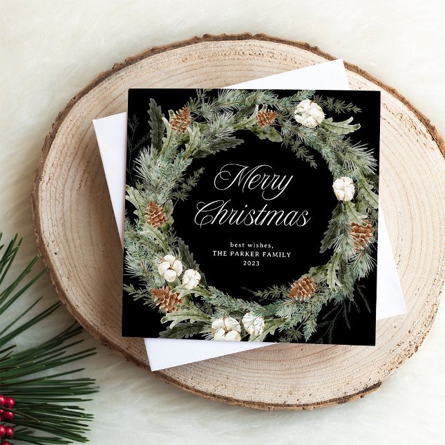 Cartes Pour Fêtes Annuelles Elégante couronne de pin et verdure | Joyeux Noël (An elegant, dark black holiday card with a traditional Christmas wreath and modern calligraphy)