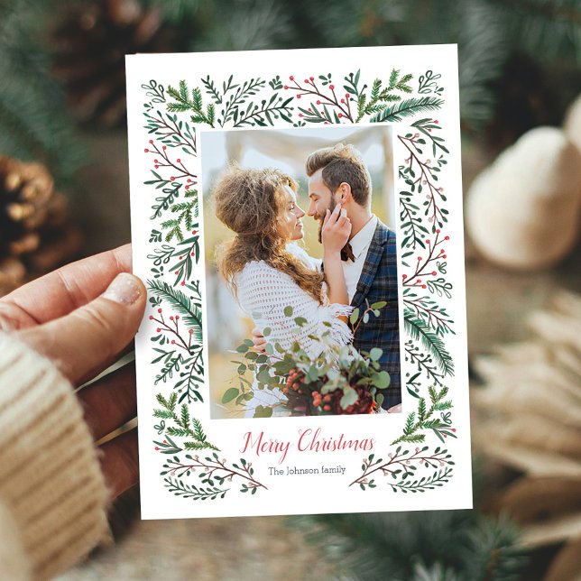 Cartes Pour Fêtes Annuelles Élégante couronne de pin vert rouge de Noël (Elegant Christmas red Green Pine Tree wreath Photo Holiday Card)