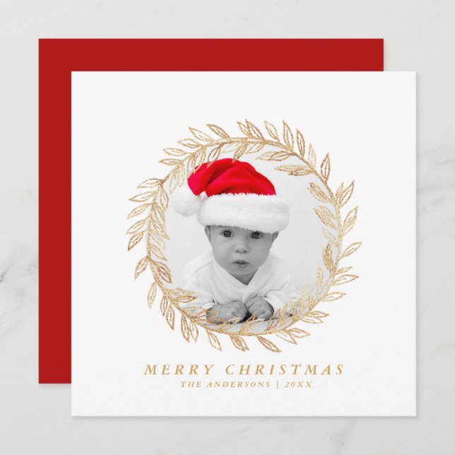 Cartes Pour Fêtes Annuelles Élégante couronne d'or Joyeux Noël Photo personnal (Devant / Derrière)