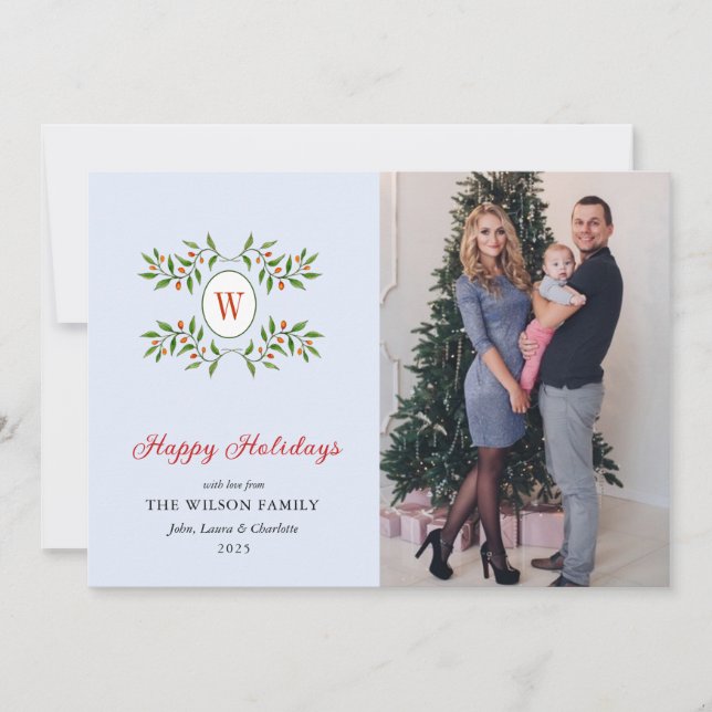 Cartes Pour Fêtes Annuelles Élégante couronne monogramme avec Citrus Blue Holi (Devant)