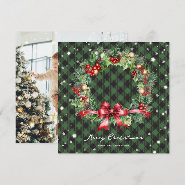 Cartes Pour Fêtes Annuelles Élégante couronne verte plaid photo Joyeux Noël (Devant / Derrière)