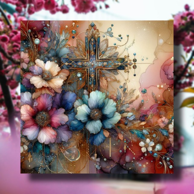 Cartes Pour Fêtes Annuelles Elégante Croix de Pâques Fleurs d'aquarelle Christ (Créateur téléchargé)
