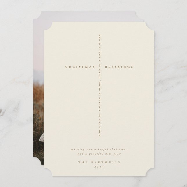 Cartes Pour Fêtes Annuelles Élégante écriture de crème Croix Photo (Devant / Derrière)