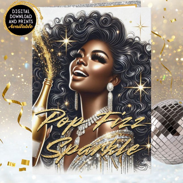 Cartes Pour Fêtes Annuelles Élégante femme noire Noir & Or Nouvel An (A glamorous Black woman with natural hair wearing a silver and gold outfit, popping champagne)