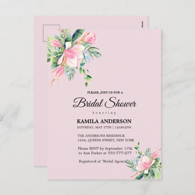 Cartes Pour Fêtes Annuelles Elégante Fête des mariées couleur rose Magnolia (Devant / Derrière)