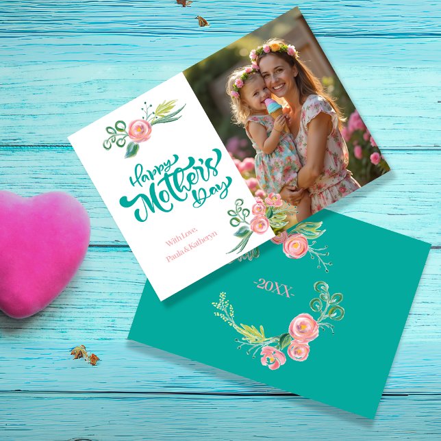 Cartes Pour Fêtes Annuelles Elégante Fête des mères florales Turquoises et ros (Elegant Teal & Pink Floral Mother’s Day with Photo Holiday Card)