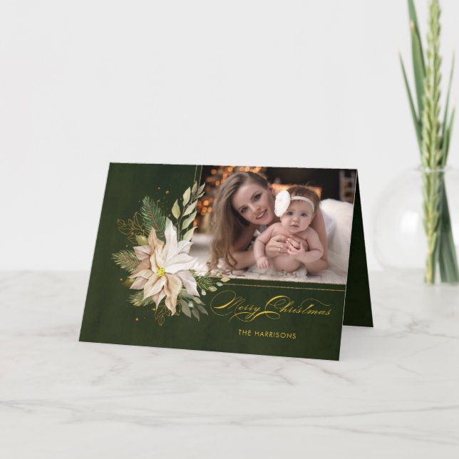 Cartes Pour Fêtes Annuelles Élégante Fleurs de Noël Blanches Calligraphie Phot (Devant)