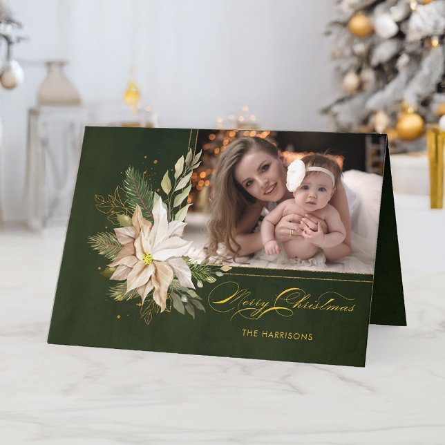 Cartes Pour Fêtes Annuelles Élégante Fleurs de Noël Blanches Calligraphie Phot (Créateur téléchargé)
