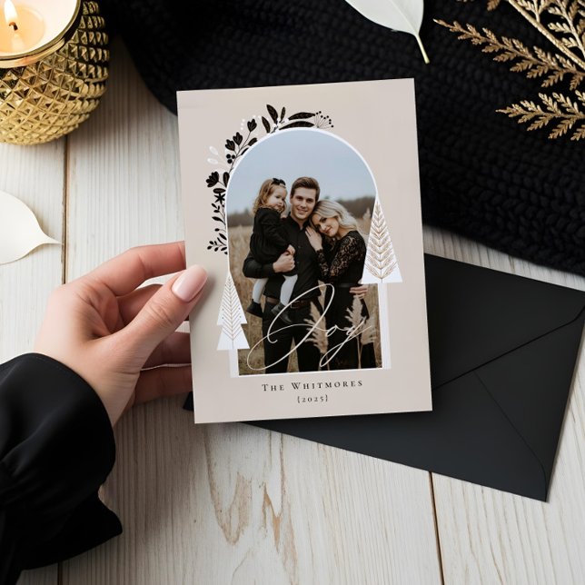 Cartes Pour Fêtes Annuelles Elégante Joie Moderne Photo Arbre de Noël À feuill (Elegant Modern Joy Photo Evergreen Christmas Tree Holiday Card)