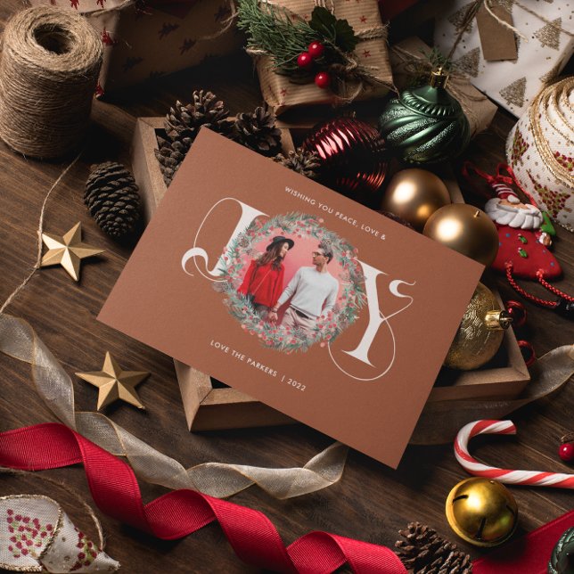 Cartes Pour Fêtes Annuelles Elégante JOIE Noël Wreath Feuilles Berries Photo (Créateur téléchargé)