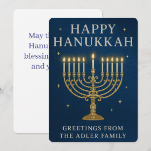 Cartes Pour Fêtes Annuelles Élégante Menorah, Etoiles et Royal Blue Hanoukka