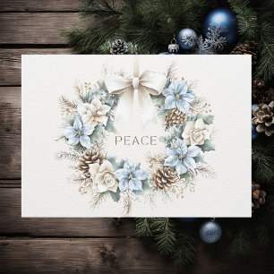 Cartes Pour Fêtes Annuelles Elégante PAIX Blue Floral Pinecones hiver Wreath