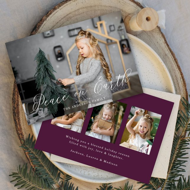 Cartes Pour Fêtes Annuelles Elégante Paix sur Terre Script Purple 4 Photo (Créateur téléchargé)
