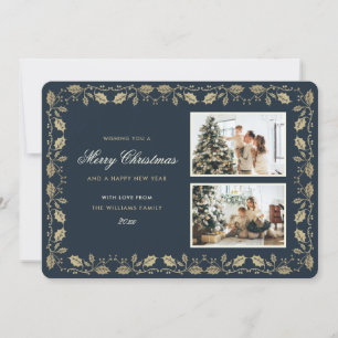 Cartes Pour Fêtes Annuelles Élégante photo Blue Gold Holly