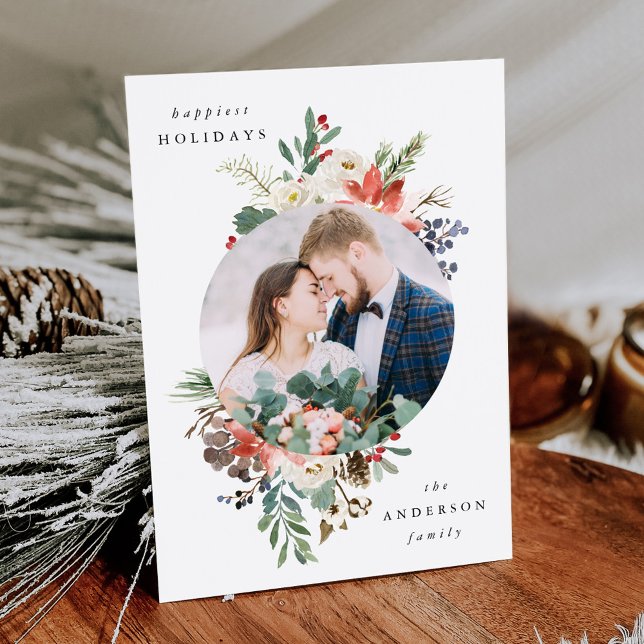 Cartes Pour Fêtes Annuelles Elégante photo de cadre du cercle floral hivernal (Créateur téléchargé)