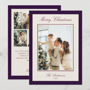 Cartes Pour Fêtes Annuelles Élégante photo de Noël aux rayures bordeaux et ble