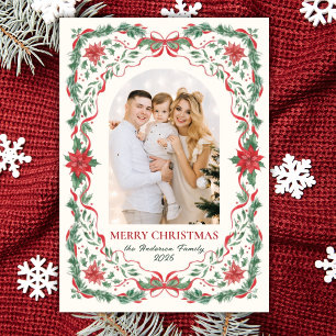 Cartes Pour Fêtes Annuelles Élégante Photo de Noël avec Feuillage et Nœud Roug