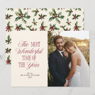 Cartes Pour Fêtes Annuelles Élégante photo de Noël de Holly, premier mariage