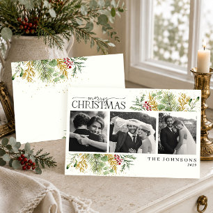Cartes Pour Fêtes Annuelles Élégante photo de Noël de jeunes mariés botaniques