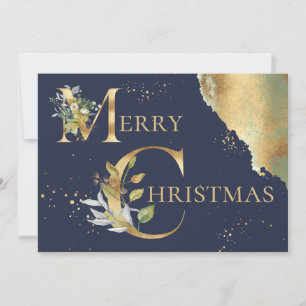 Cartes Pour Fêtes Annuelles Élégante Photo Gold Foil Floral Bleu Noël