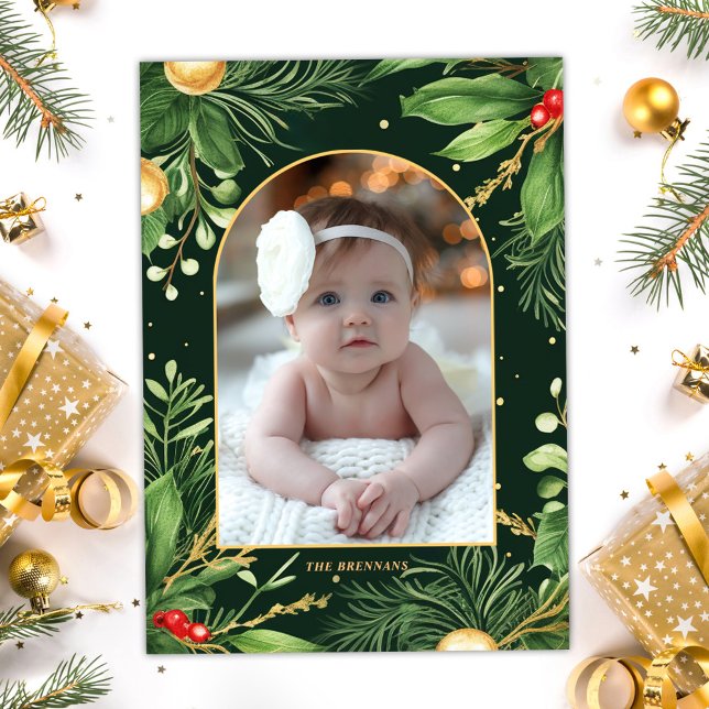 Cartes Pour Fêtes Annuelles Élégante photo moderne de Noël Botanique Verdure (Elegant Modern Christmas Photo Botanical Greenery Holiday Card)