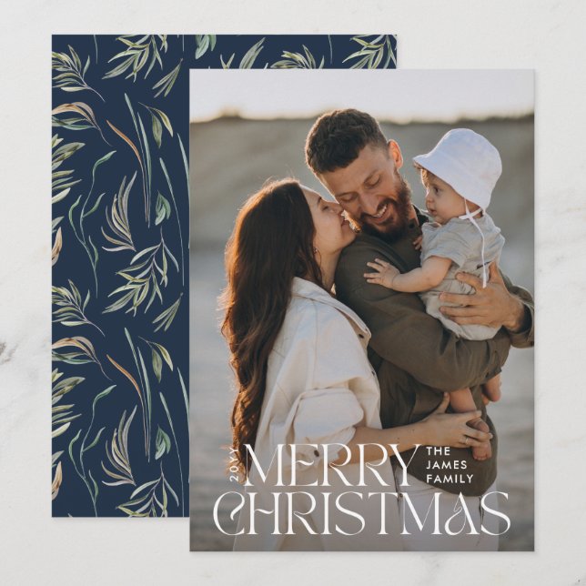 Cartes Pour Fêtes Annuelles Elégante photo moderne minima marine bleu botaniqu (Devant / Derrière)