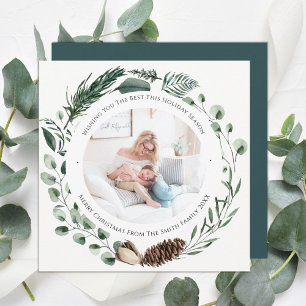 Cartes Pour Fêtes Annuelles Elégante Pin Vert Poudre Wreath Aquarelle Florale